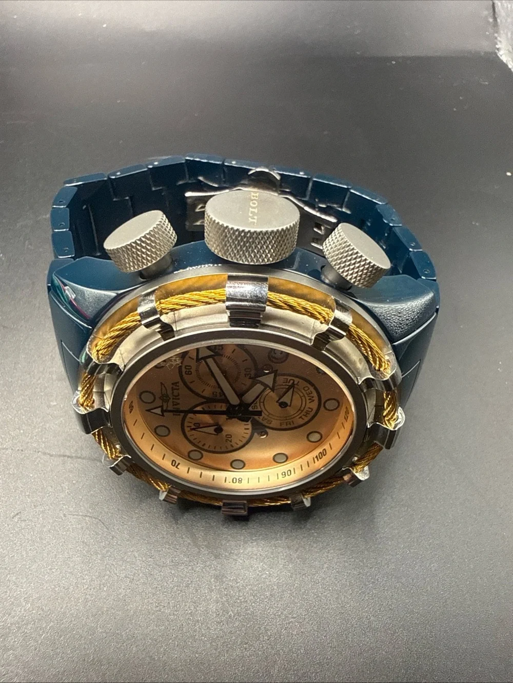 Invicta Bolt Model 15014 Rose Gold Dial Blue Band New Battery